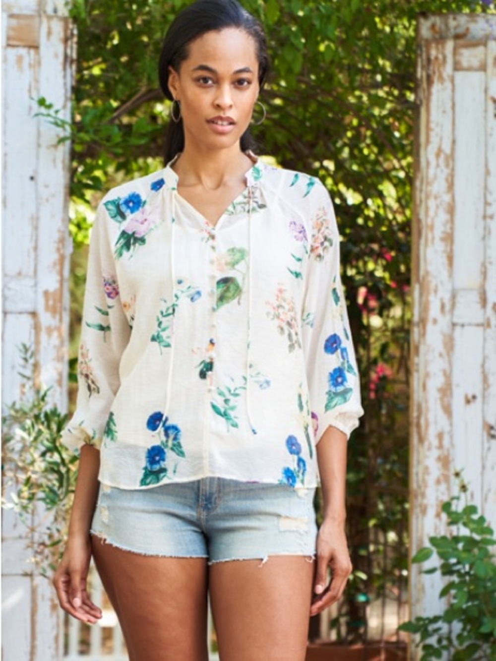 Light Cream Floral Tie-Neck Peasant Blouse